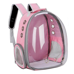 A pink pet backpack with a transparent front window and breathable mesh side panels.