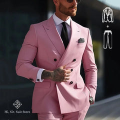 New 2 pcs Double-breasted Suit Set Men's Slim-fit Young Men Blazer Jacket Dress Suits Pants Ensemble Wedding Ball Reunion Attire