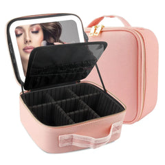 A pink travel makeup case with an integrated LED mirror and adjustable interior dividers.
