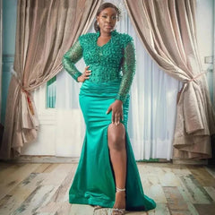 Aso Ebi African Mermaid Prom Dresses High Split Crystals Pearls Women Formal Party Evening Gowns Customized Plus Size Clothing SHOWLU FASHION STORE