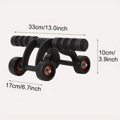 A four-wheeled abdominal exercise roller with foam-padded handles and labeled dimensions.