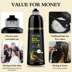 A 500ml bottle of Newvenper black hair dye shampoo shown with usage instructions and comparisons.