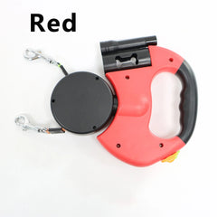 A red retractable double-ended dog leash with an integrated flashlight and waste bag dispenser.