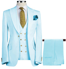 A light blue three-piece suit featuring a double-breasted vest, blazer, and matching trousers.