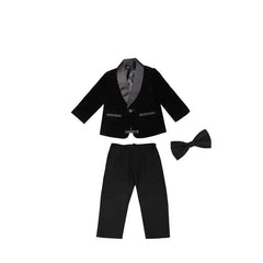 A black velvet formal suit for boys featuring a blazer with a shawl collar, matching trousers, and a bow tie.