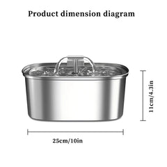 An oval stainless steel pet water fountain with a central spout, measuring 25cm wide and 11cm high.
