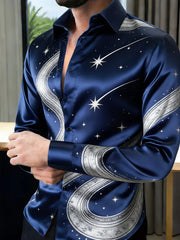 A men's long-sleeved navy blue silk shirt featuring a silver celestial star and swirl print.