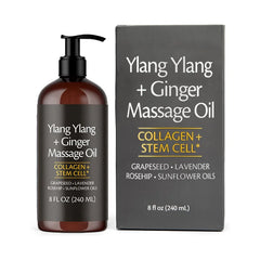 A bottle and box of Ylang Ylang and Ginger massage oil with collagen and stem cells.