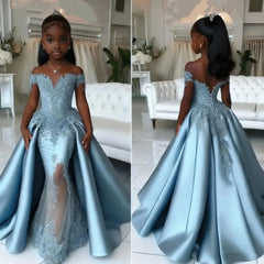 Showlu Fashion Store customized flower girl dress with off-shoulder, mermaid style, floor-length for wedding, birthday, or communion.