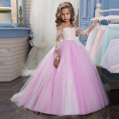 Customized Flower Girl Dresses Light Pink Tulle White Appliques Long Sleeve For Wedding Birthday Party Holy Communion Gown