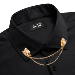 Hi-Tie Long Sleeve Mens Shirts Silk Brown Solid Lapel Green Black Red Beige Purple Pink Slim Fit Shirt Wedding Business Formal