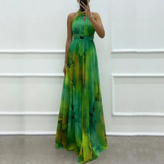 Vintage Pattern Printed Sleeveless Party Dress Casual High Waist Bohemian Dresses New Sexy Halter Hollow Out Women's Long Dress