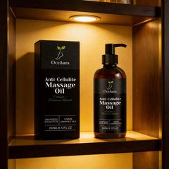 An OceAura anti-cellulite massage oil bottle and its box sit on a shelf under warm lighting.