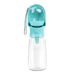 A portable turquoise pet water bottle with a clear container and an integrated drinking bowl.
