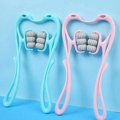 Two manual neck massagers with six rolling wheels each, shown in light blue and pink.