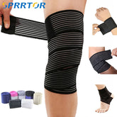 An elastic compression bandage shown wrapped around a knee, wrist, elbow, and ankle.