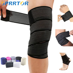 An elastic compression bandage shown wrapped around a knee, wrist, elbow, and ankle.