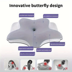 A butterfly-shaped memory foam cervical pillow with labeled zones for different sleeping positions.