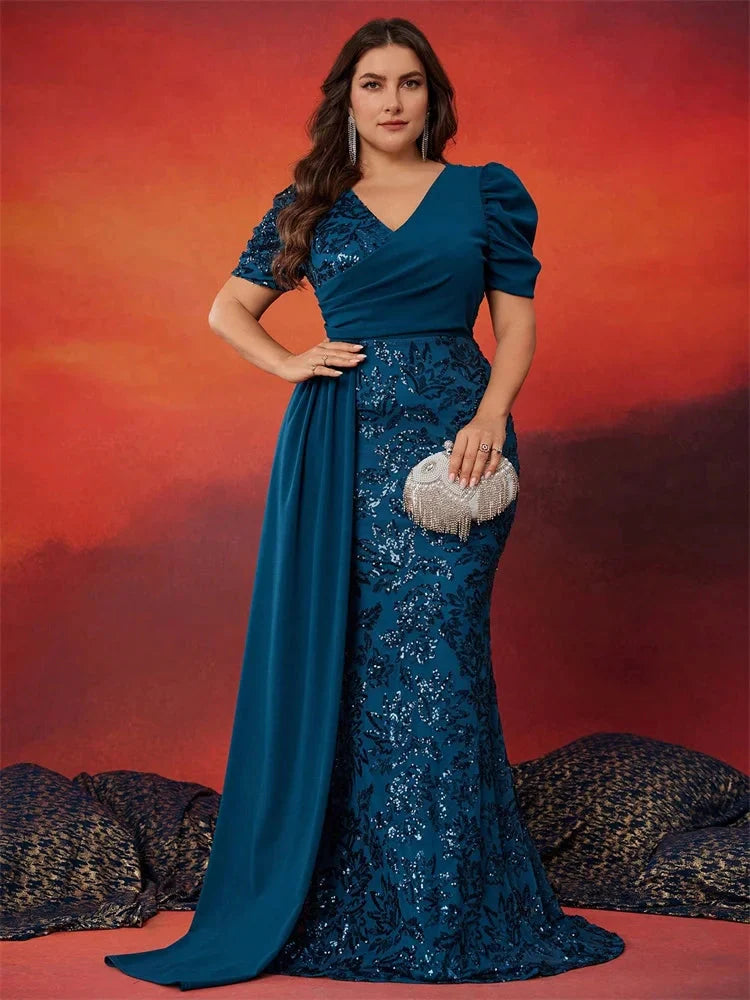 BLUEPLUM Plus Size Elegant V-neck Sequins Evening Dress Women Short Sleeves Mermaid Formal Luxury Party Streamer Prom Dress SHOWLU FASHION STORE