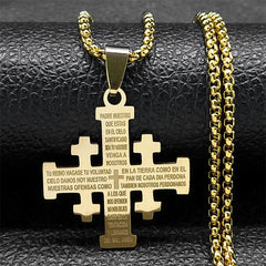 A gold-colored stainless steel Jerusalem cross pendant necklace engraved with the Lord's Prayer.