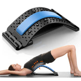 A black adjustable back stretcher with a blue foam strip and acupressure nodes.