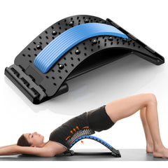 A black adjustable back stretcher with a blue foam strip and acupressure nodes.