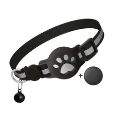 A black reflective cat collar with a paw-shaped GPS tracker holder and a small bell.