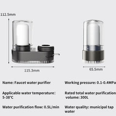 A faucet water purifier with a removable filter, shown with dimensions and technical specifications.