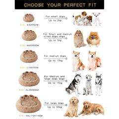 A size chart for a fluffy paw-shaped pet bed showing five sizes from small to extra-large.