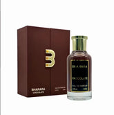 A bottle of Bharara Chocolate eau de parfum stands next to its matching brown presentation box.