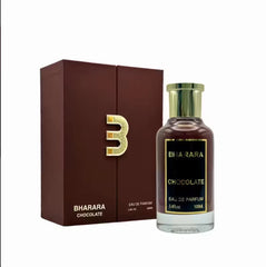 A bottle of Bharara Chocolate eau de parfum stands next to its matching brown presentation box.
