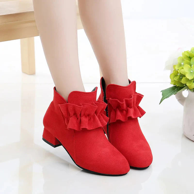 Fashion Kids Shoes Girls Princess Boots Draped Solid Autumn Winter Suede Low Heels Short Ankle Children Boots for Big Girl 27-37 SHOWLU FASHION STORE
