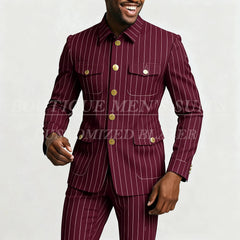 Elegant Pinstripe Men's Suits Fashion Single Breasted Stand Lapel Slim Fit Male Clothing Customzied 2 Piece Jacket Pants Sets