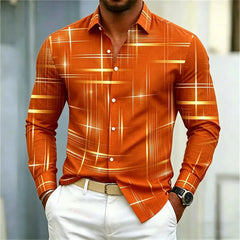 2026 men's shirt with fashionable printed lines, checkered long sleeved shirt, lapel, slim fit, business casual men's shirt