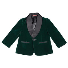 A dark green velvet blazer for children featuring a black shawl collar and a single-button closure.