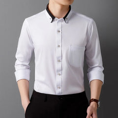 Men's Shirt Long Sleeve Elastic Wrinkle Proof Business Office Spring and Autumn Top Classic Solid royal blue -Black -White-green