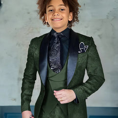 Jacquard Boys Suit 3 piece Suit Burgundy Jacket Pants Vest Wedding Kids Tuxedo Formal Style Boys Slim Fit Suit