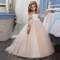 Customized Flower Girl Dresses Light Pink Tulle White Appliques Long Sleeve For Wedding Birthday Party Holy Communion Gown