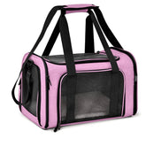 A pink soft-sided pet carrier with black mesh windows and carrying handles.