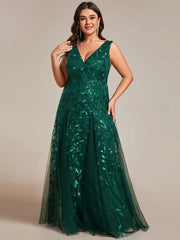 A plus size dark green sleeveless A-line evening dress with a V-neck and sequin leaf patterns.