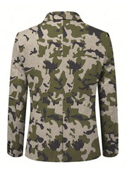 A men's single-breasted blazer featuring a camouflage pattern in shades of green and tan.