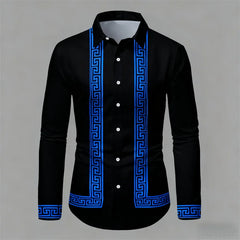 Men's Retro Geometric Print Long-Sleeve Shirt, Stylish Black and White Color-Blocked Slim Fit Shirt, Casual and Versatile Top