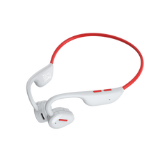 White and red open-ear wireless sports headphones with a neckband design.