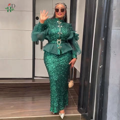 H&D African Sequin 2PCS Dress Set Stand Collar Top Puffy Mesh Sleeves Matching Maxi Skirt For Weddings Galas and Formal Parties