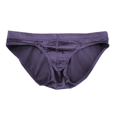 A pair of purple men's briefs made from a smooth, silky satin fabric.