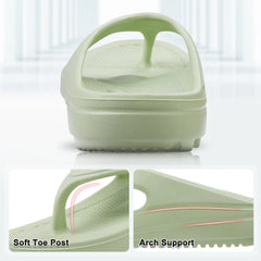 A light green, thick-soled flip flop featuring a soft toe post and contoured arch support.