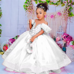 Flower Girl Dresses Red Kids Birthday Sheer Neck Pleated Ruffles Tiered Tulle Ball Gowns for Wedding