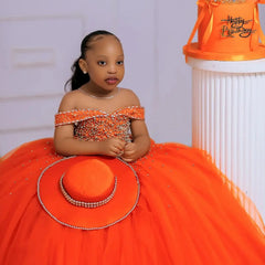 Orange Tulle Girls Birthday Party Dresses Customized Ball Gown Crystal Flower Girl Dresses for Wedding Baby Girls Pageant Dress