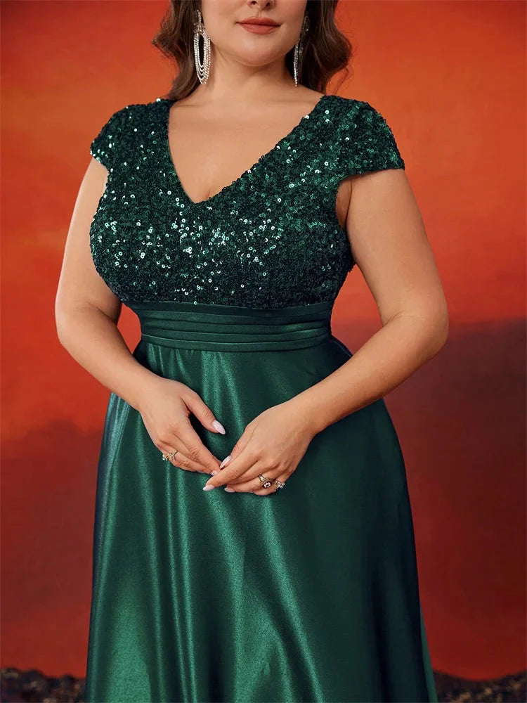 XUIBOL Plus Size Elegant V-Neck Green Sequin Evening Dress Long Luxury Women Satin Short Sleeves Party Prom Cocktail Dress SHOWLU FASHION STORE