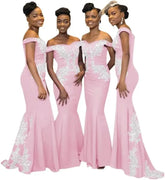 Burgundy Womens Off The Shoulder Mermaid Bridesmaid Dresses for Wedding Lace Satin Prom Dresses Long Formal Evening Gowns Africa